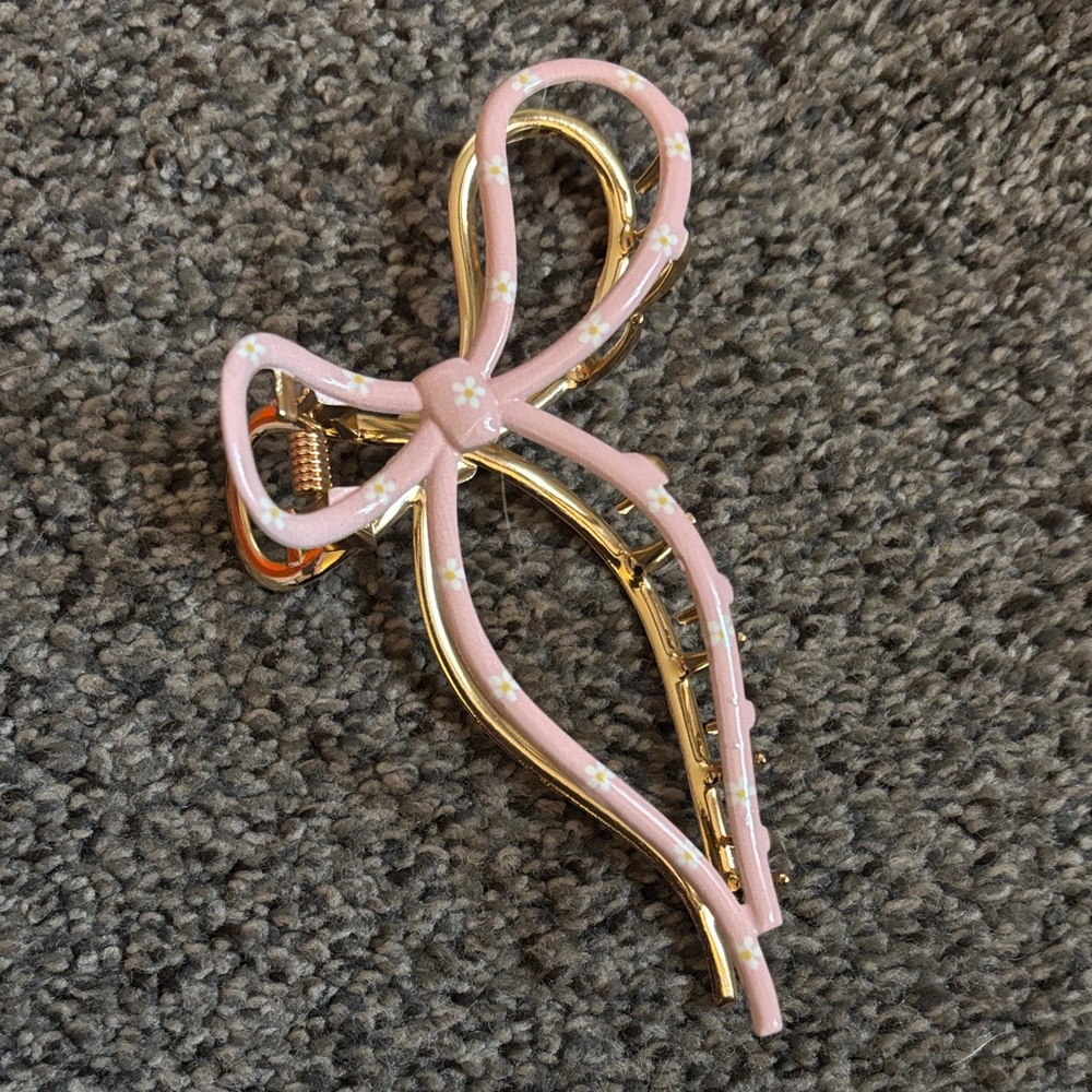 Metal Bow Hair Clip, Pink w/Flowers